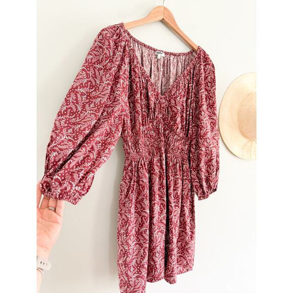 Madewell | NWOT | Puff-Sleeve V-Neck Mini Dress Paisley Floral Rusted Red | Sz 6 - Picture 3 of 9